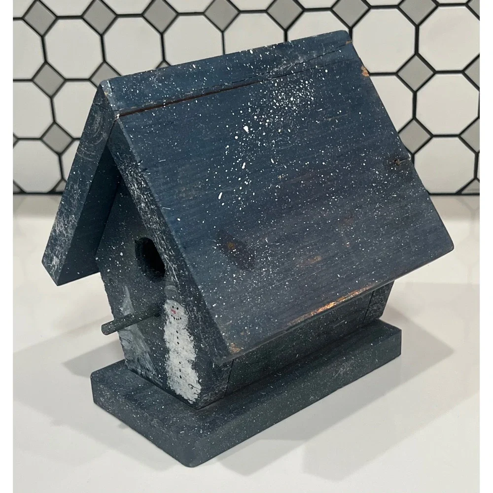 Rustic Wooden Snowman Birdhouse Winter Decorative Hand Painted Blue HolidayHouse